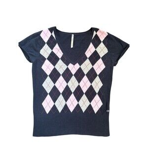 Vintage Women’s Argyle Blue Pink Short Sleeve Sweater Top Blouse Size Large